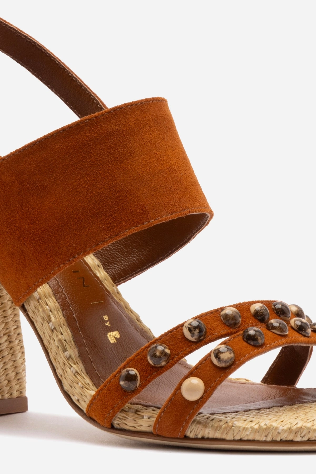 Chloe Gosselin by Larroudé Margot Sandal In Chestnut Suede and Natural Raffia