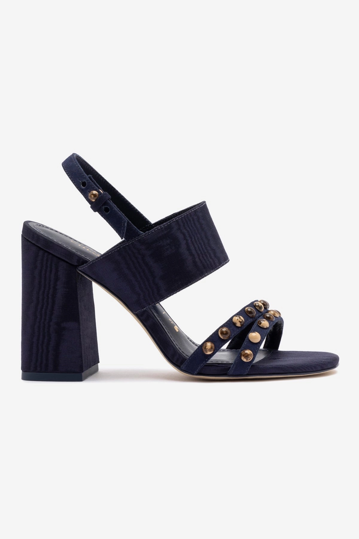 Chloe Gosselin by Larroudé Margot Sandal In Deep Navy Suede and Navy Satin