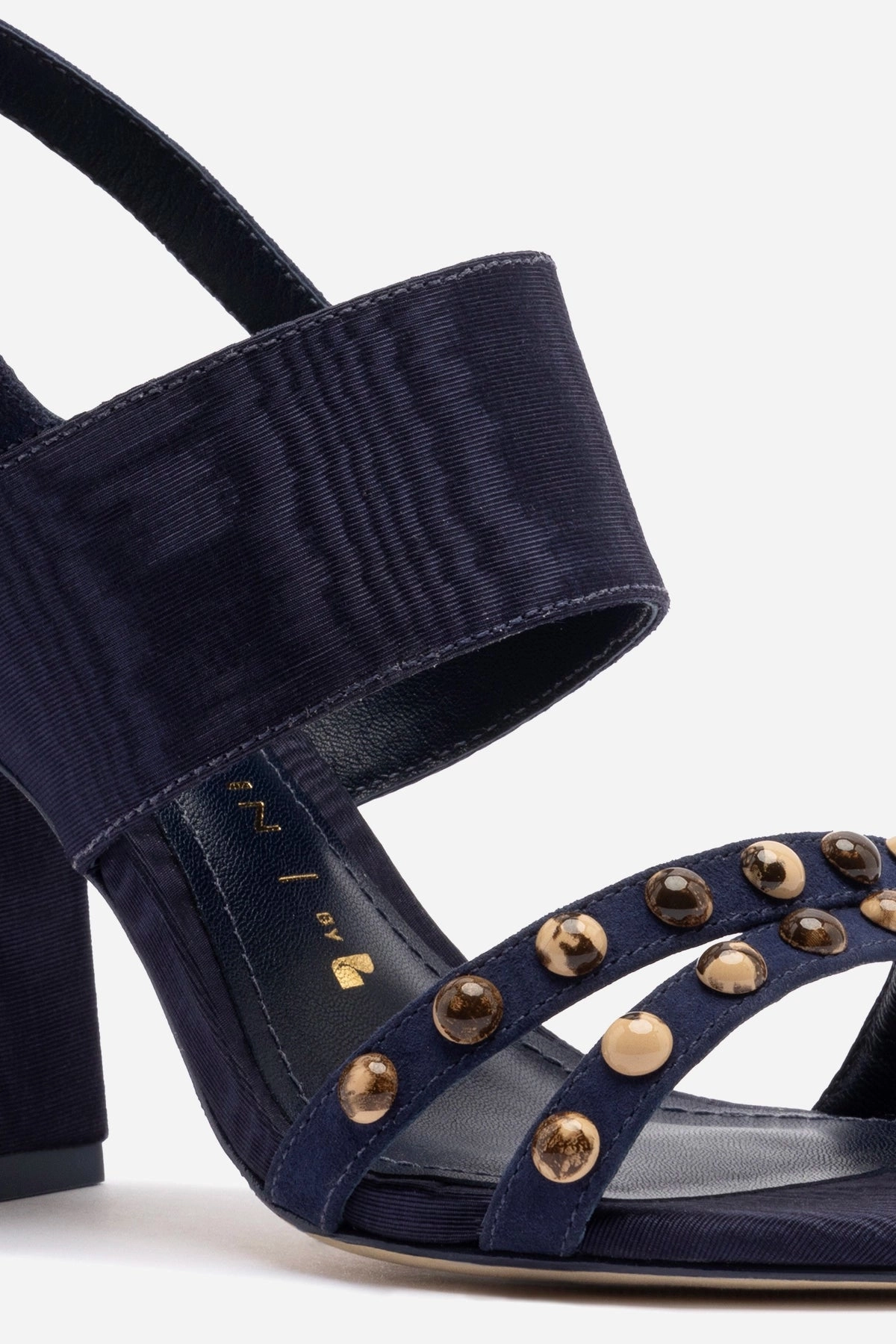 Chloe Gosselin by Larroudé Margot Sandal In Deep Navy Suede and Navy Satin