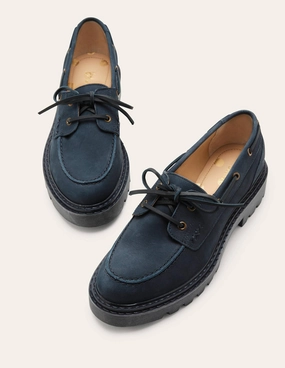 Chunky Sole Leather Deck Shoes-Navy