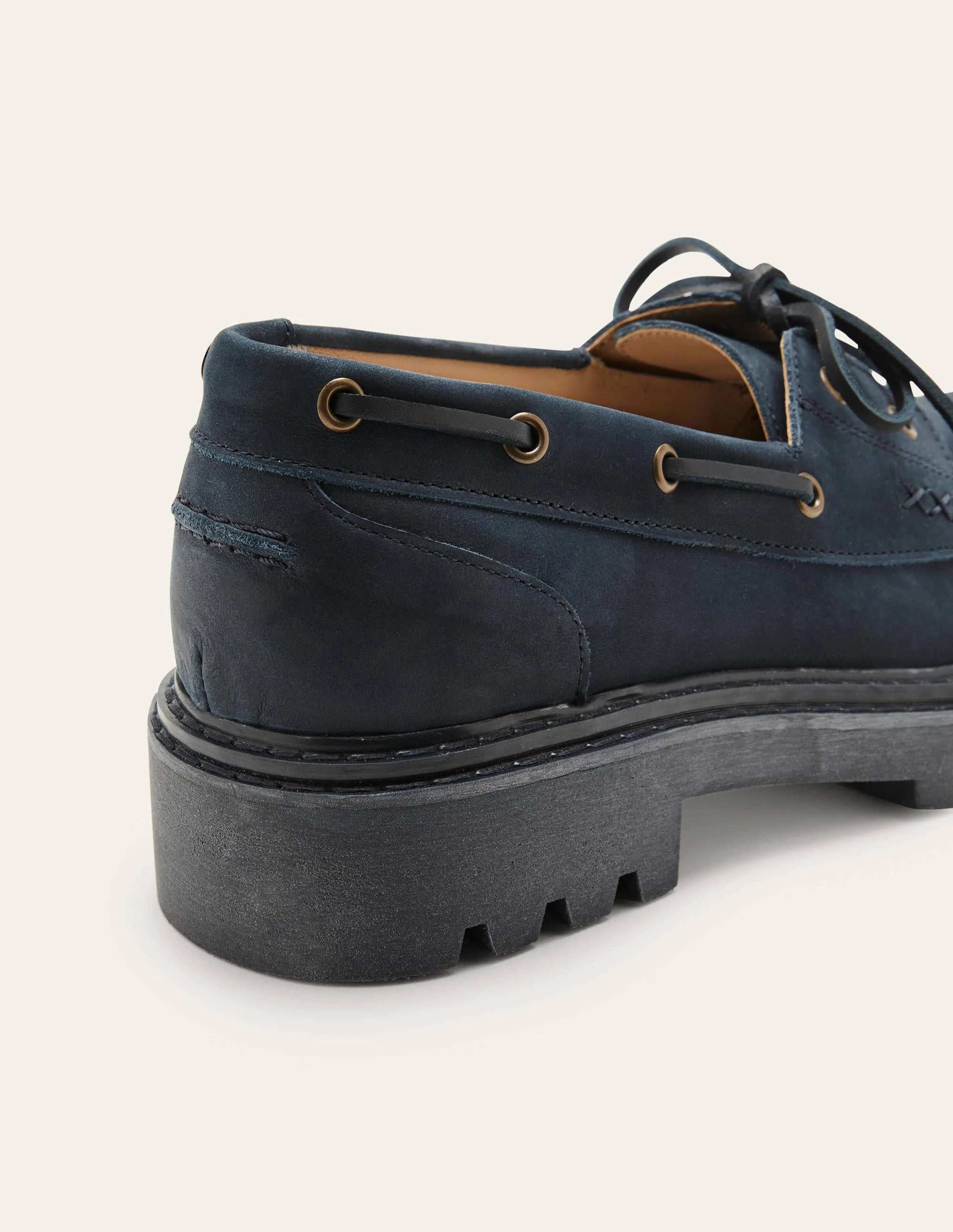 Chunky Sole Leather Deck Shoes-Navy