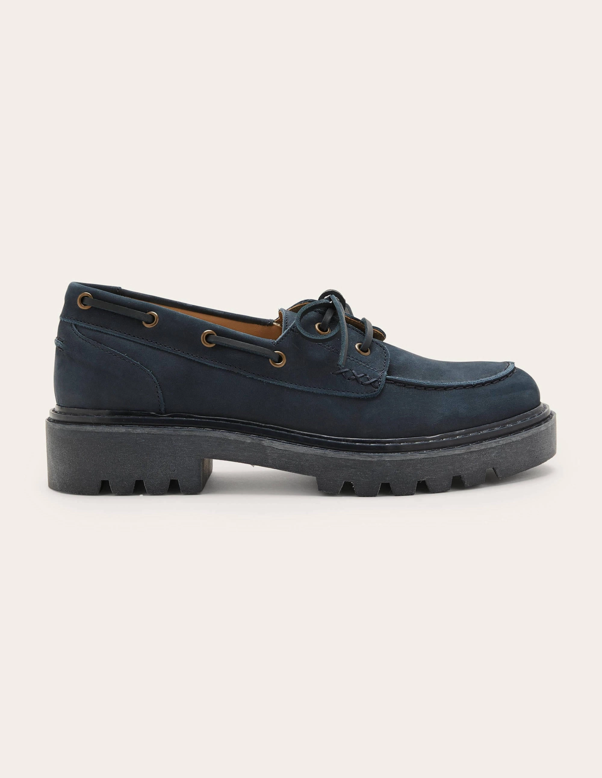 Chunky Sole Leather Deck Shoes-Navy