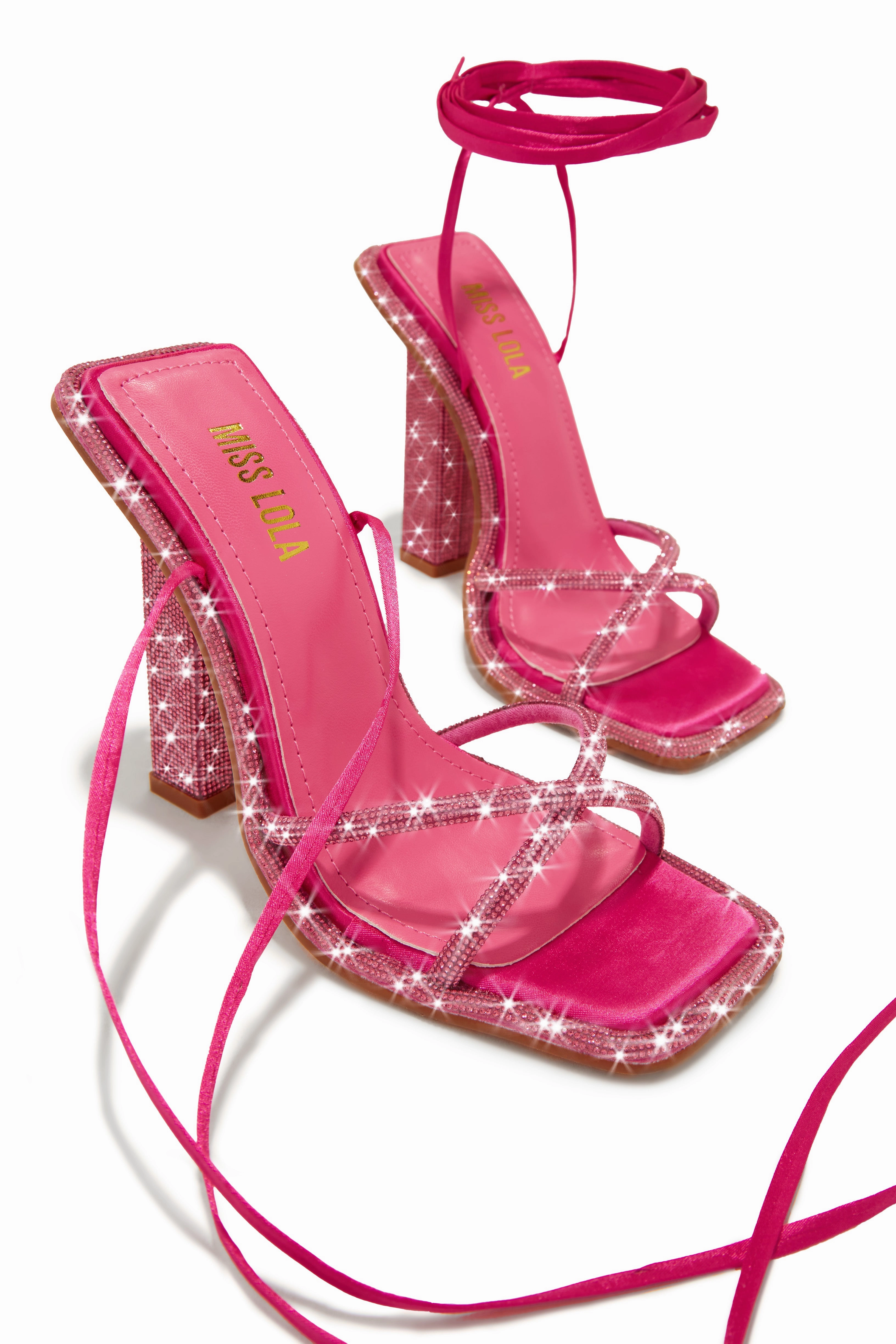 Crystal Embellished Lace Up High Heels - Pink