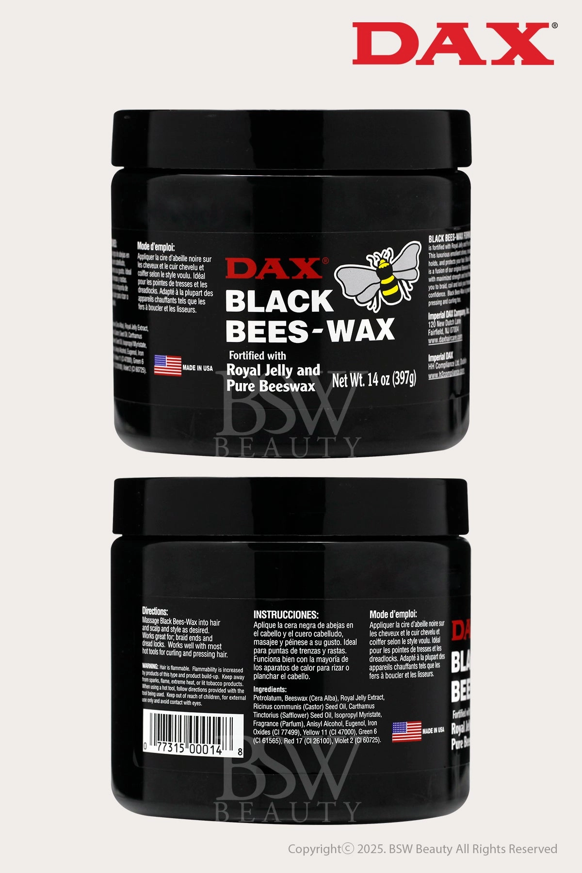DAX BLACK BEES-WAX  FORTIFIED WITH ROYAL JELLY AND PURE BEESWAX 14oz