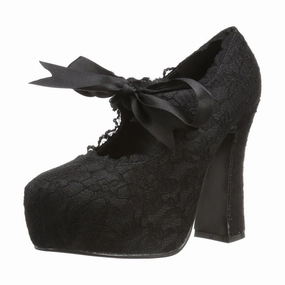 DEMONIA Women's Sexy 5" Chunky Heel Black Satin & Lace Mary Jane Heels DEMON-11