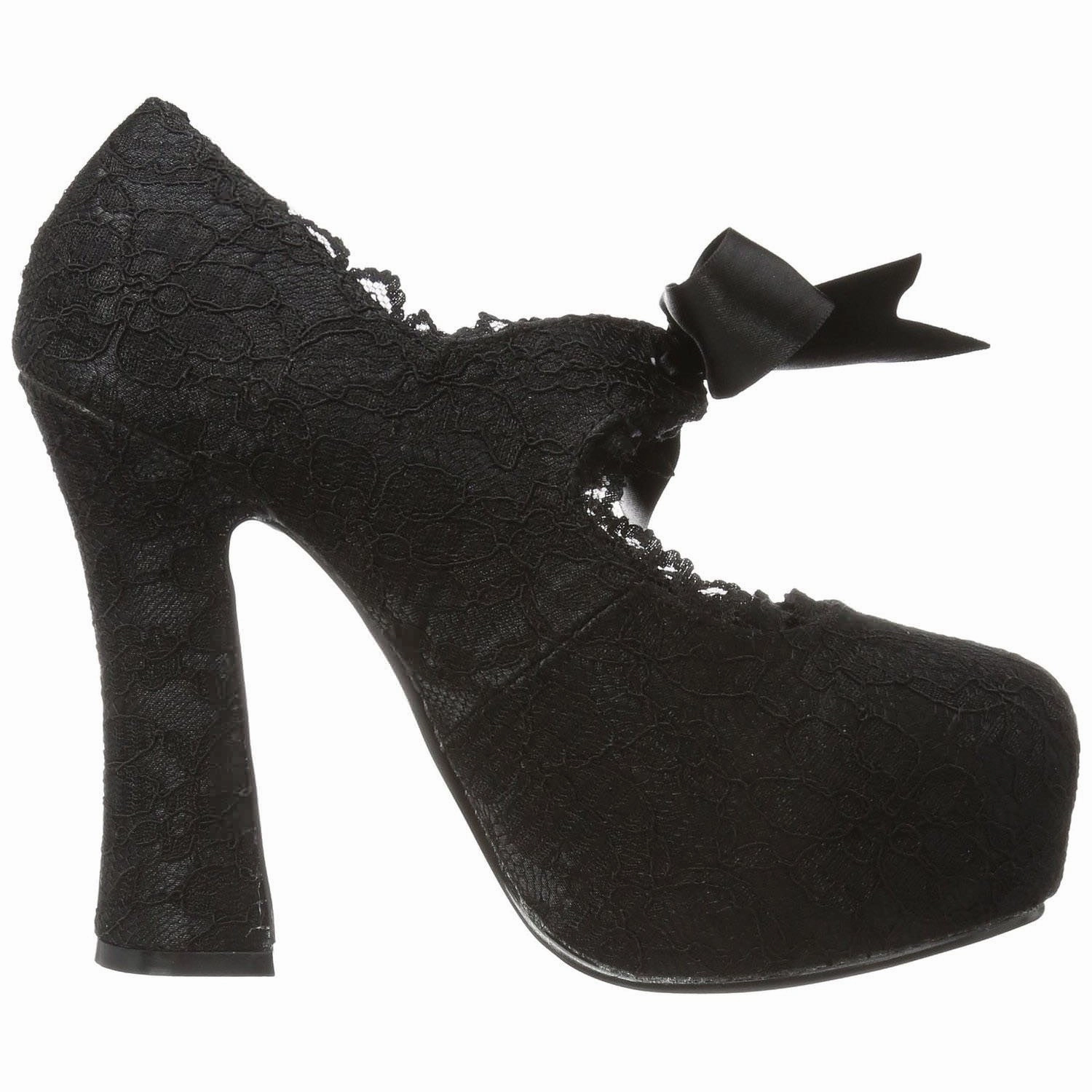 DEMONIA Women's Sexy 5" Chunky Heel Black Satin & Lace Mary Jane Heels DEMON-11