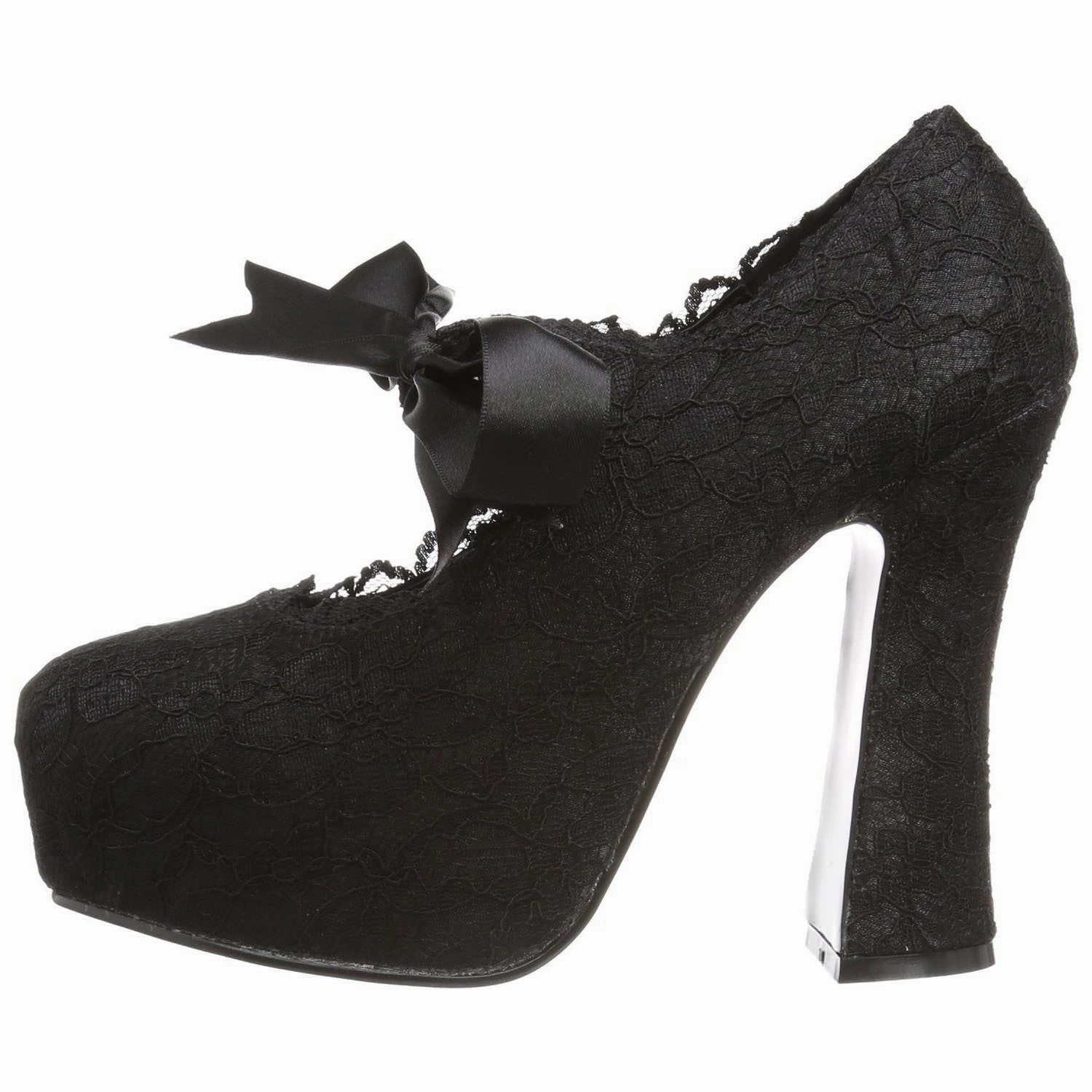 DEMONIA Women's Sexy 5" Chunky Heel Black Satin & Lace Mary Jane Heels DEMON-11