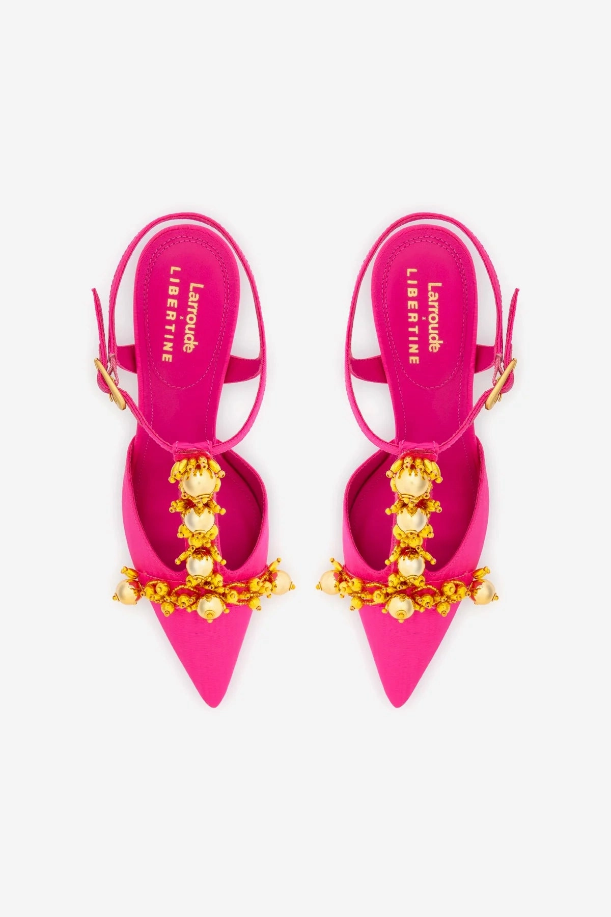 Larroudé x Libertine Pump In Magenta Fabric and Golden Balls