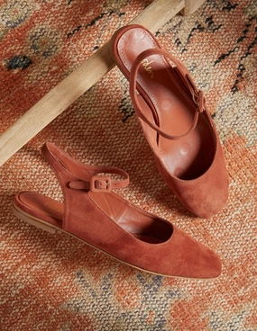 Square Toe Flat Slingbacks-Copper Red Suede
