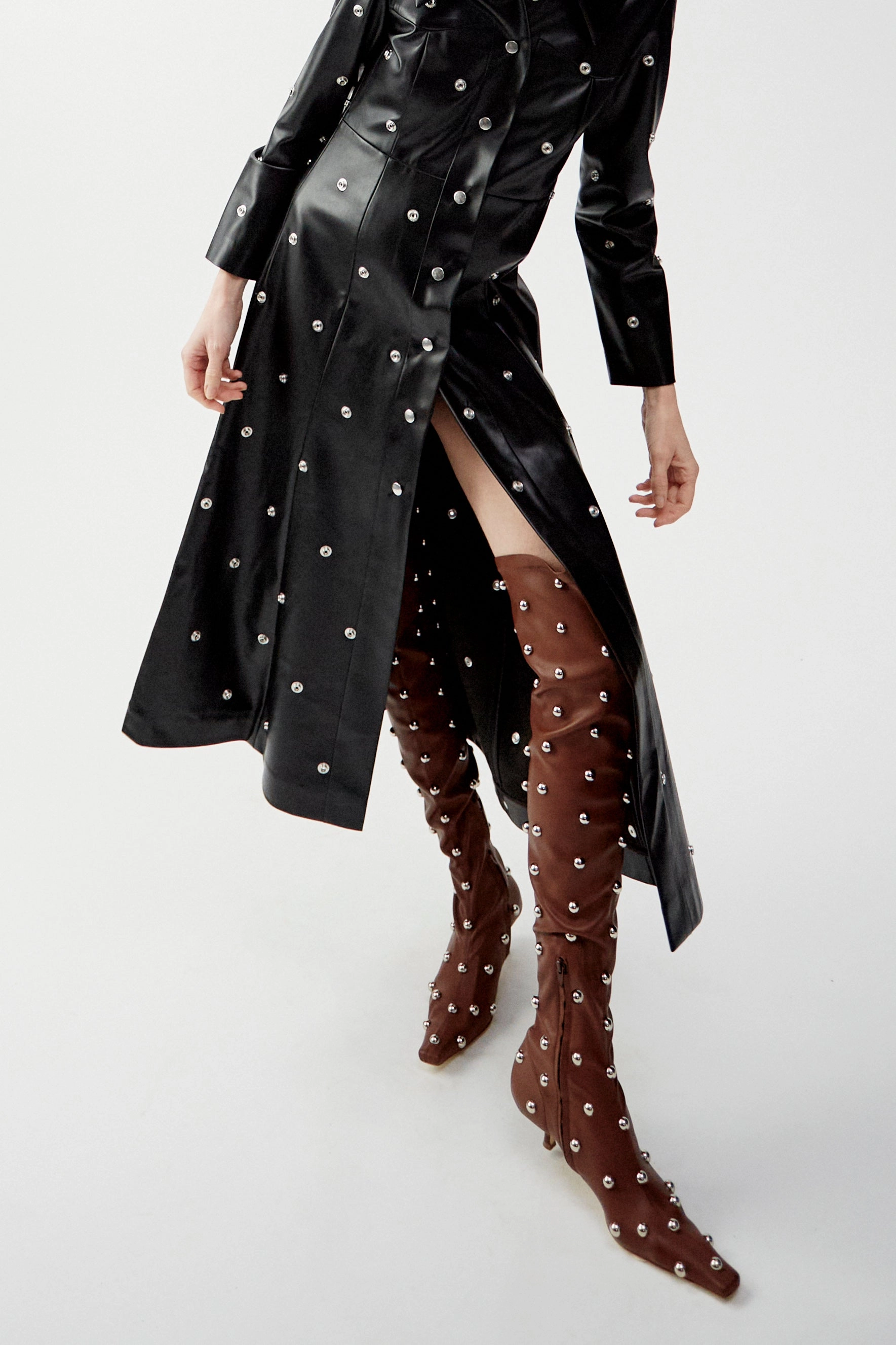 Veronica Borchie Stretch Knee Kitten Heel Boot Brown Silver