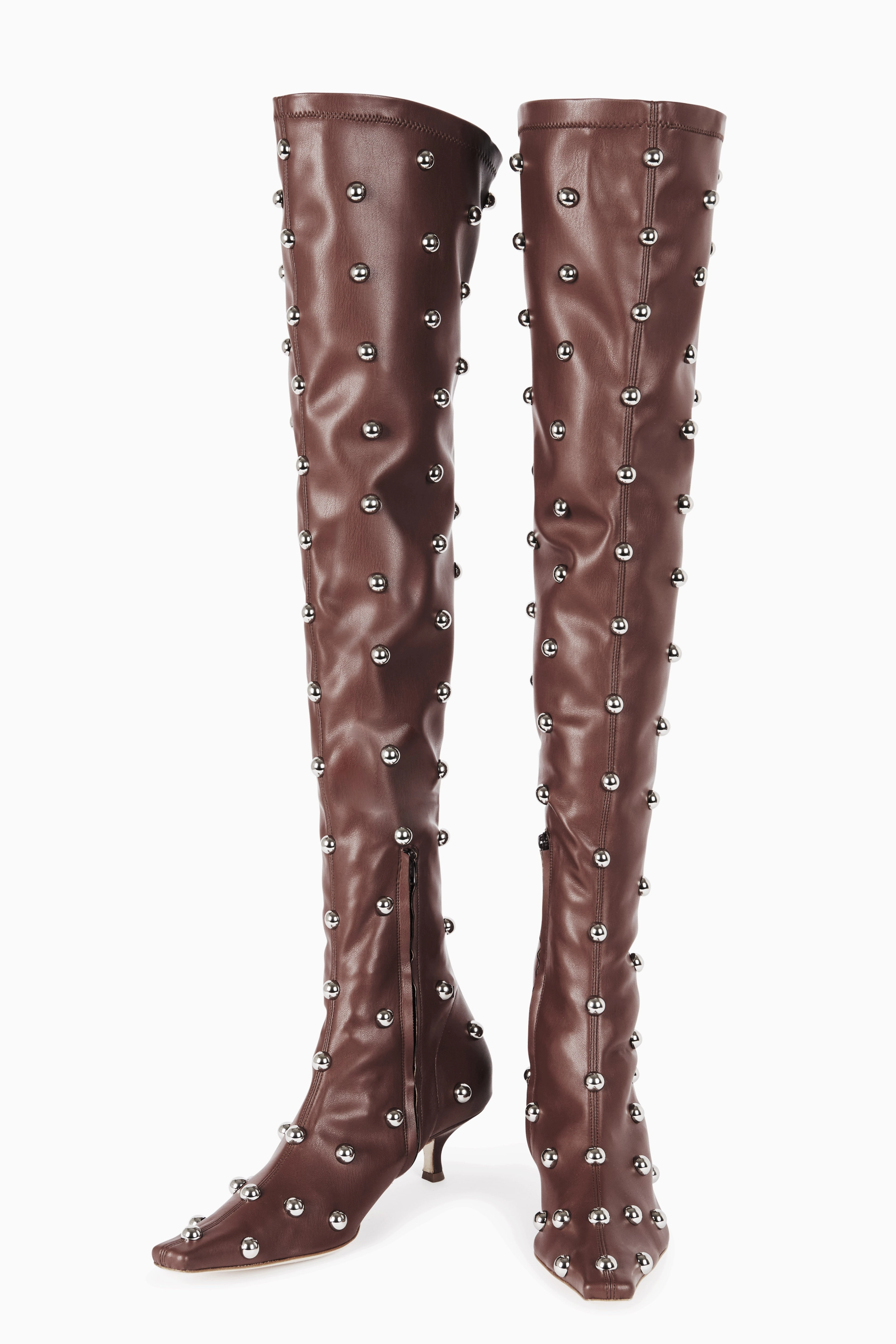 Veronica Borchie Stretch Knee Kitten Heel Boot Brown Silver