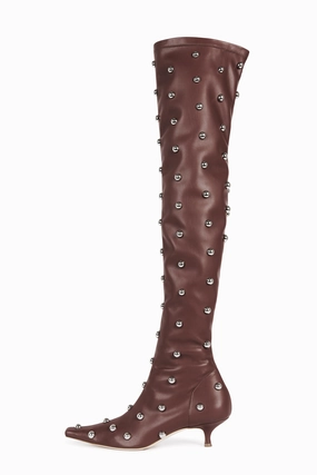 Veronica Borchie Stretch Knee Kitten Heel Boot Brown Silver