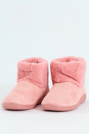 Waffle Knit Slipper Bootie With Fur - Blush
