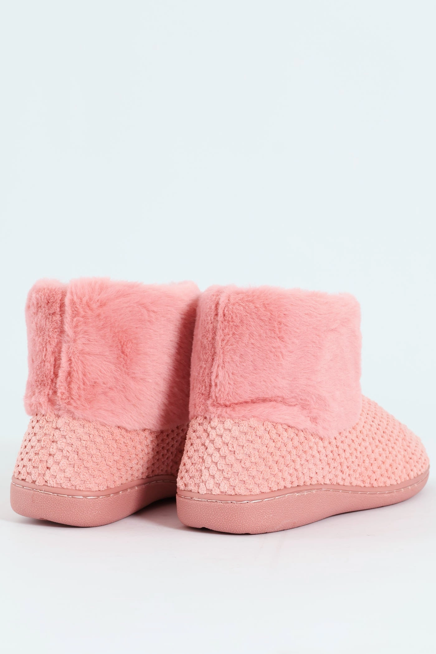 Waffle Knit Slipper Bootie With Fur - Blush