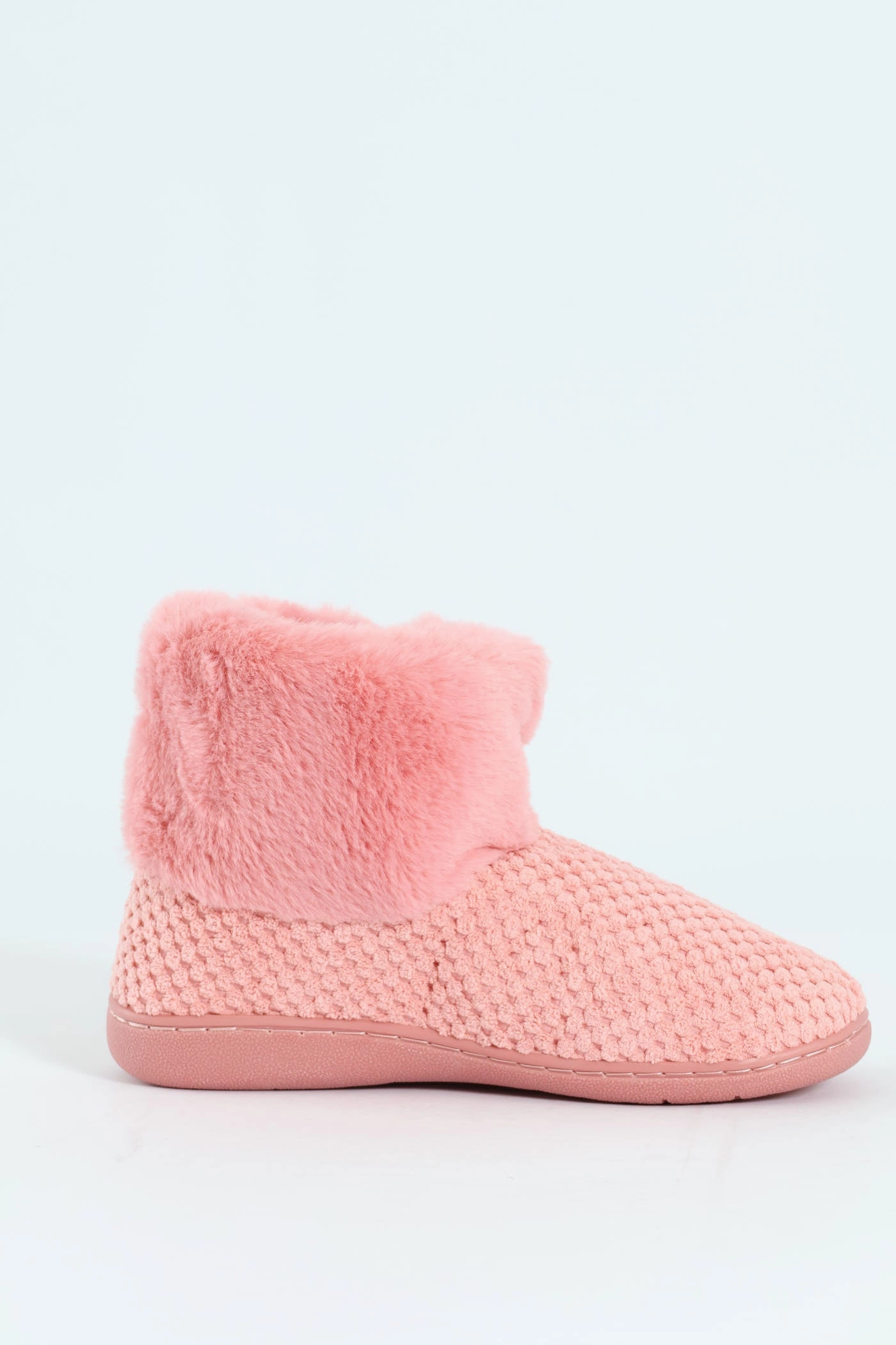 Waffle Knit Slipper Bootie With Fur - Blush