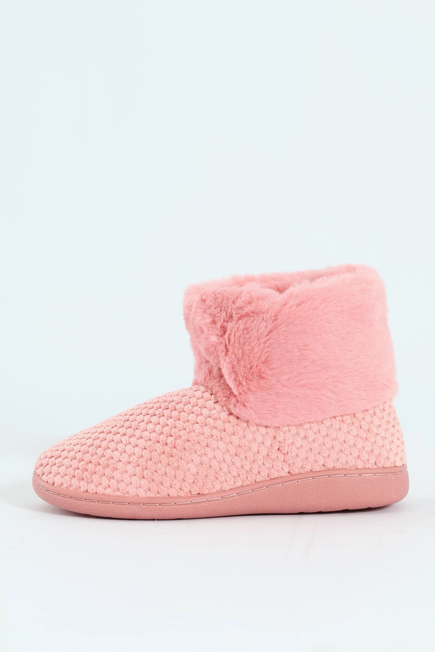Waffle Knit Slipper Bootie With Fur - Blush
